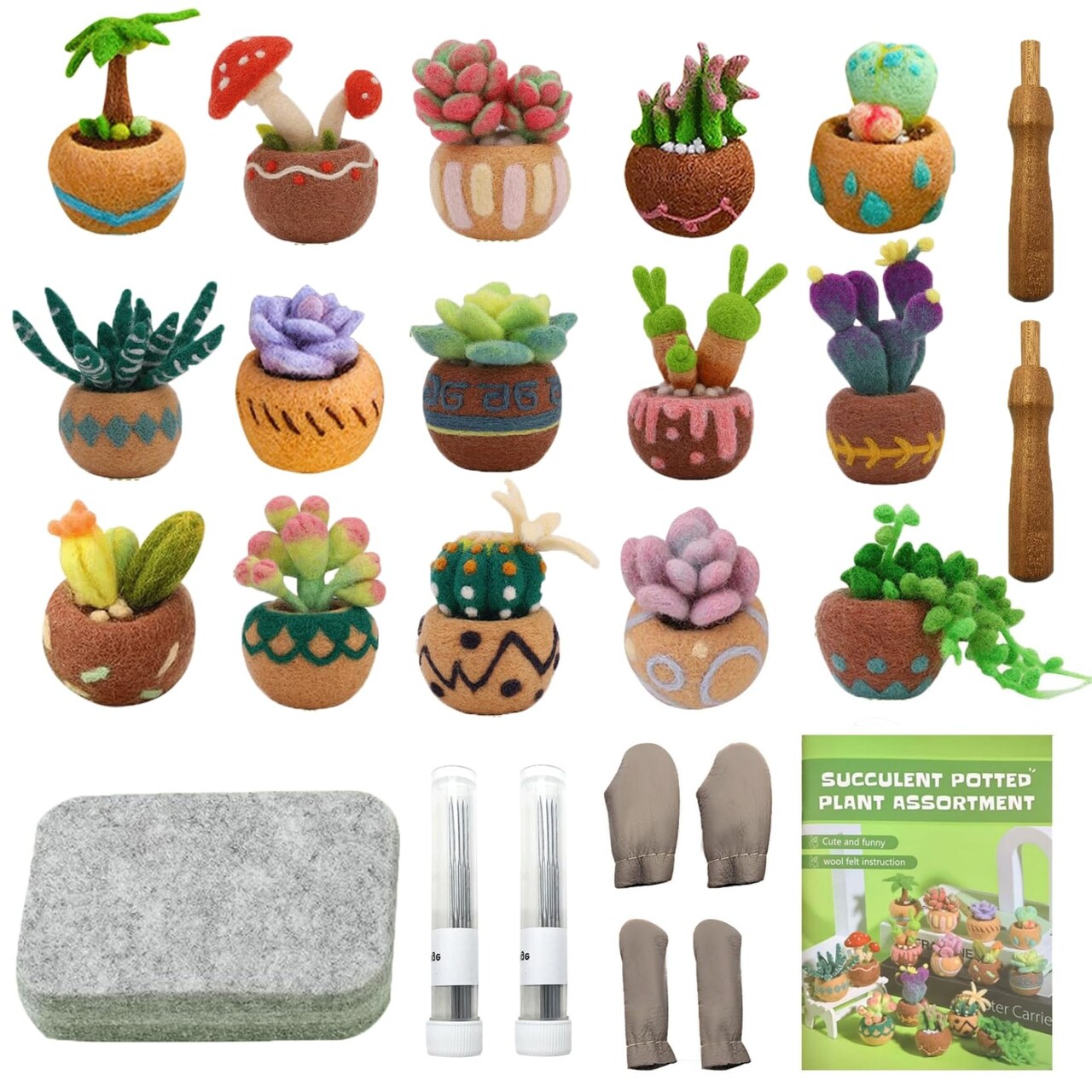 15pcs Succulent Needle Felting Kit for Beginners Adult - DIY Starter Kit with Wool Roving, Felting Mat, Needles, Instructions for Home Decoration Crafts